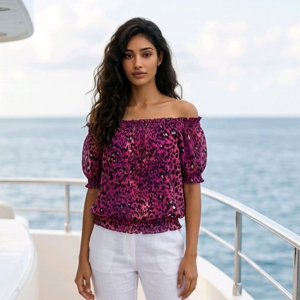 Fuchsia Leopard Smocked Top 2X Worthington Off Shoulder Puff Sleeve Plus Blouse